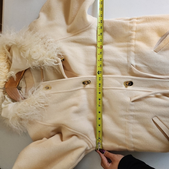 Vintage Cream White Wool Coat Jacket Fuzzy Collar Pockets Hood Lined 1990s 90s - Picture 10 of 13